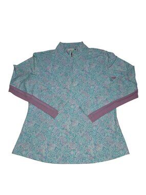 Cabana Life XL Floral Quarter-Zip Pullover Top Aqua & Lavender Paisley Print Lon